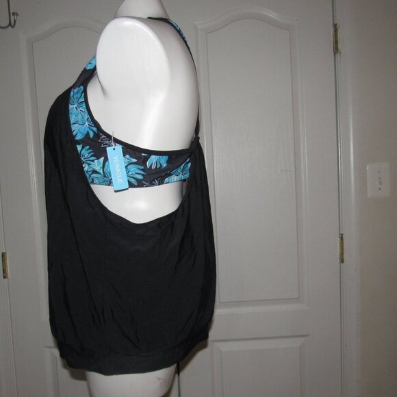 YONIQUE Blouson Tankini Black Floral Swim Top Plus Size 22W - Picture 2 of 5